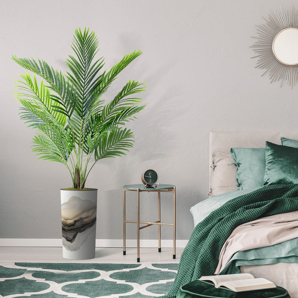 Artificial Tree in Flowing Black & White Smoke Abstract Shapes Planter, Fake Areca Tropical Palm Silk Tree for Indoor