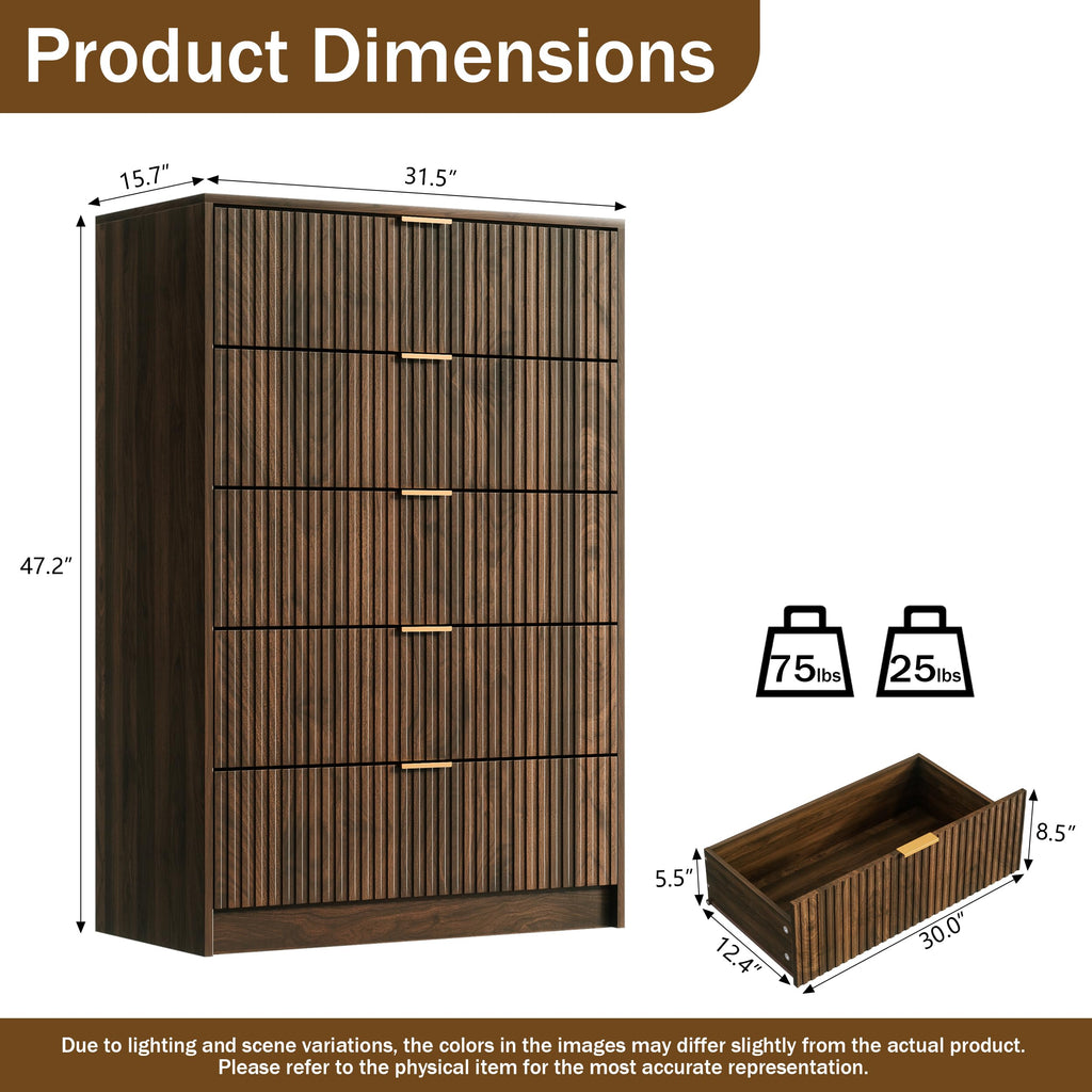 Walnut 5 Drawer Dresser, 47.2" Tall Fluted Wood Dresser