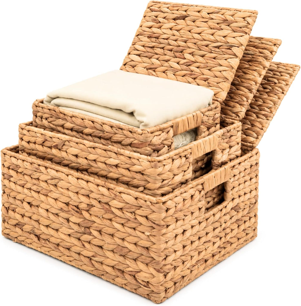 Set of 3 Wicker Baskets with Lid - Woven Storage Basket with Lid - Decorative Storage Boxes and Shelves