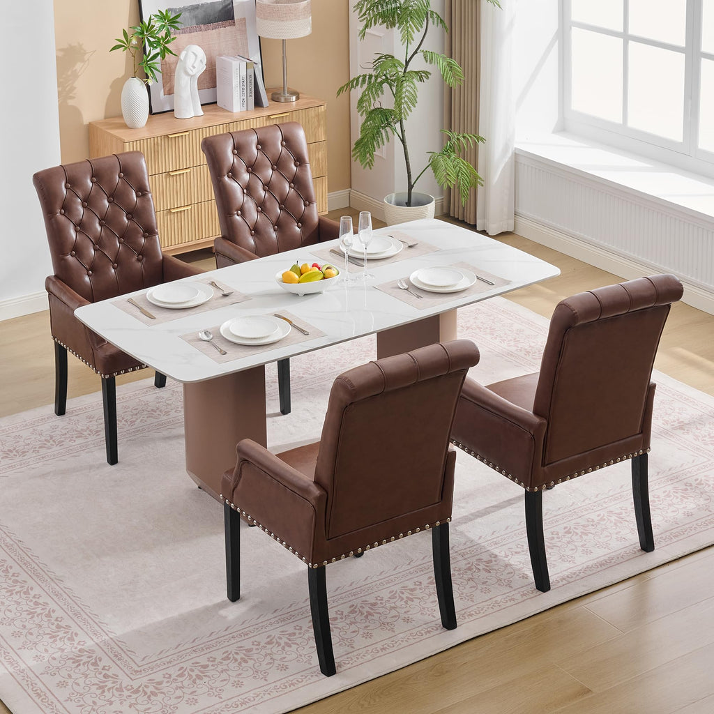 PU with Arms, High Back Dining Room Chairs, Brown