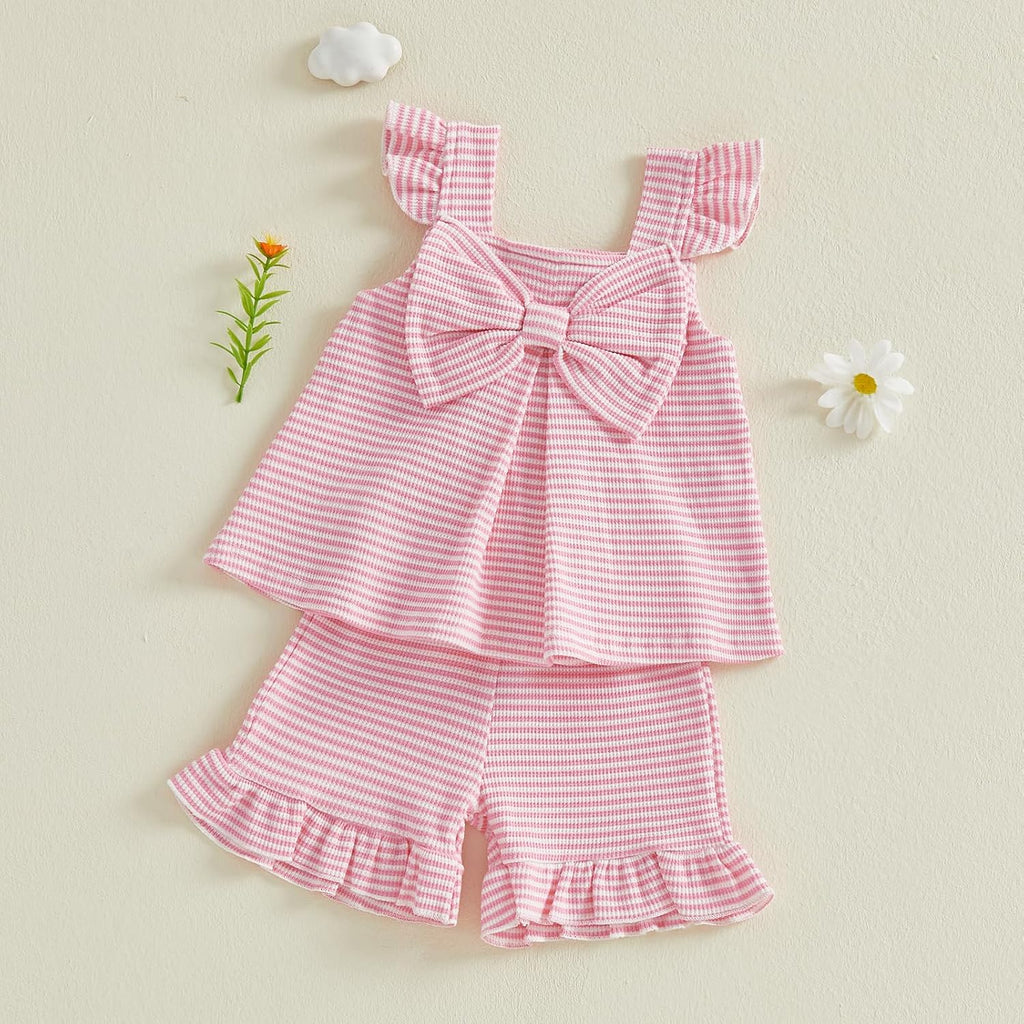 Toddler Baby Girl Summer Outfit Cute Bow Flutter Sleeve Ruffle Tops Dress Shorts Outfits Set