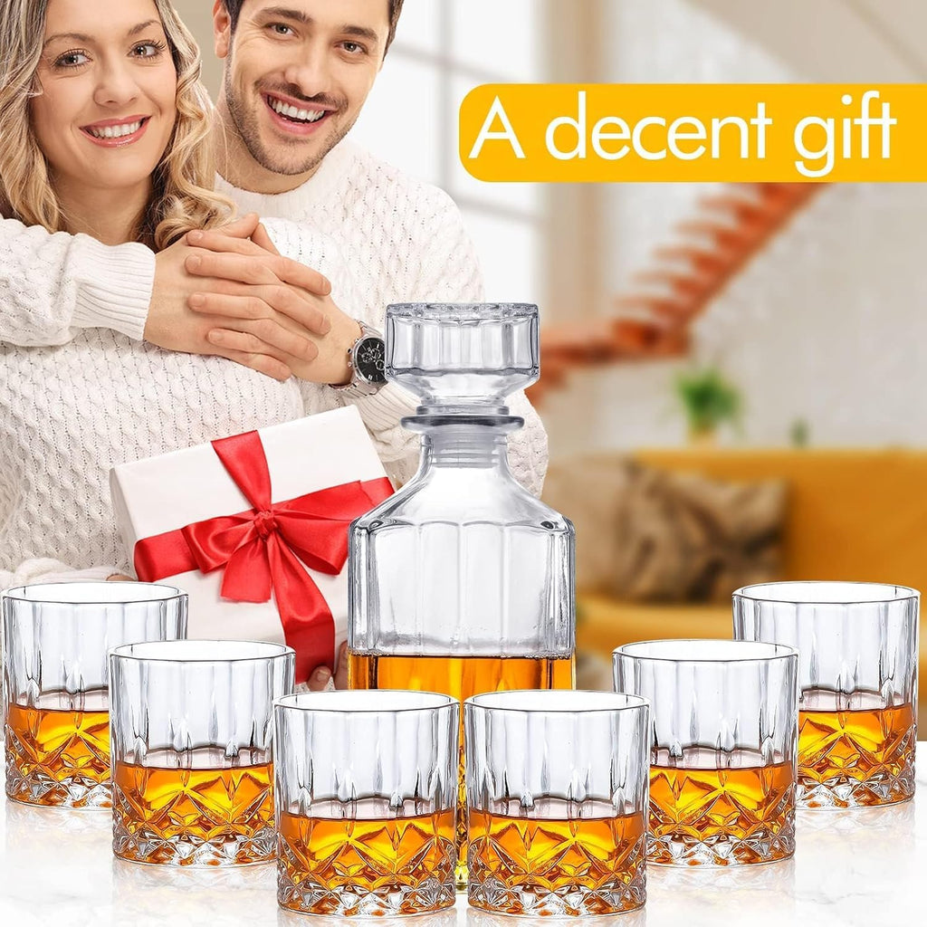 Whiskey Decanter Set for Men, Whiskey Glasses and Decanter with Cooling Stones Clear Glass Whisky Liquor Decanter Set - Set of 7