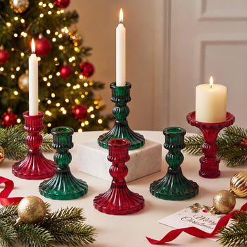 Set of 6 Christmas Glass Taper Candle Holders, Red and Green