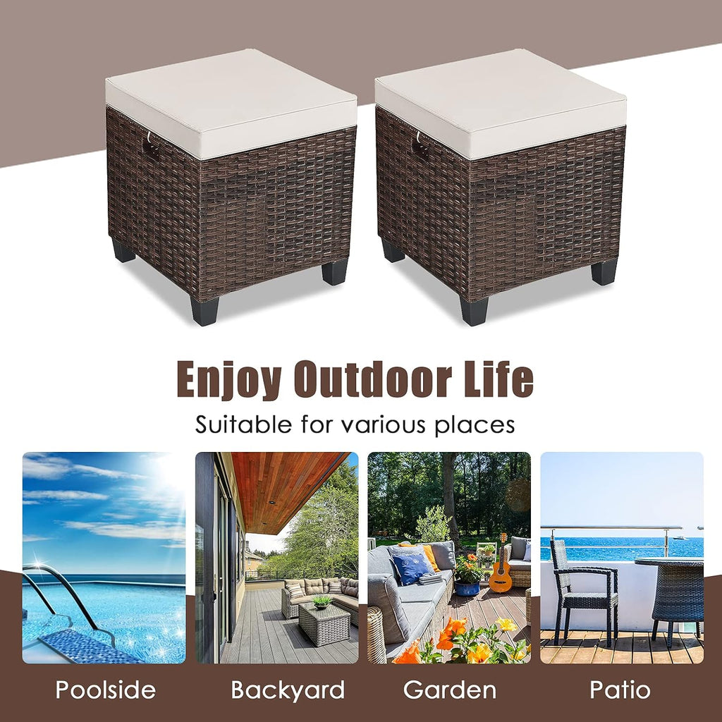 2-Piece Rattan Patio Ottoman, All Weather Wicker Ottoman w/Removable Cushion & Steel Frame, Outdoor Footstool