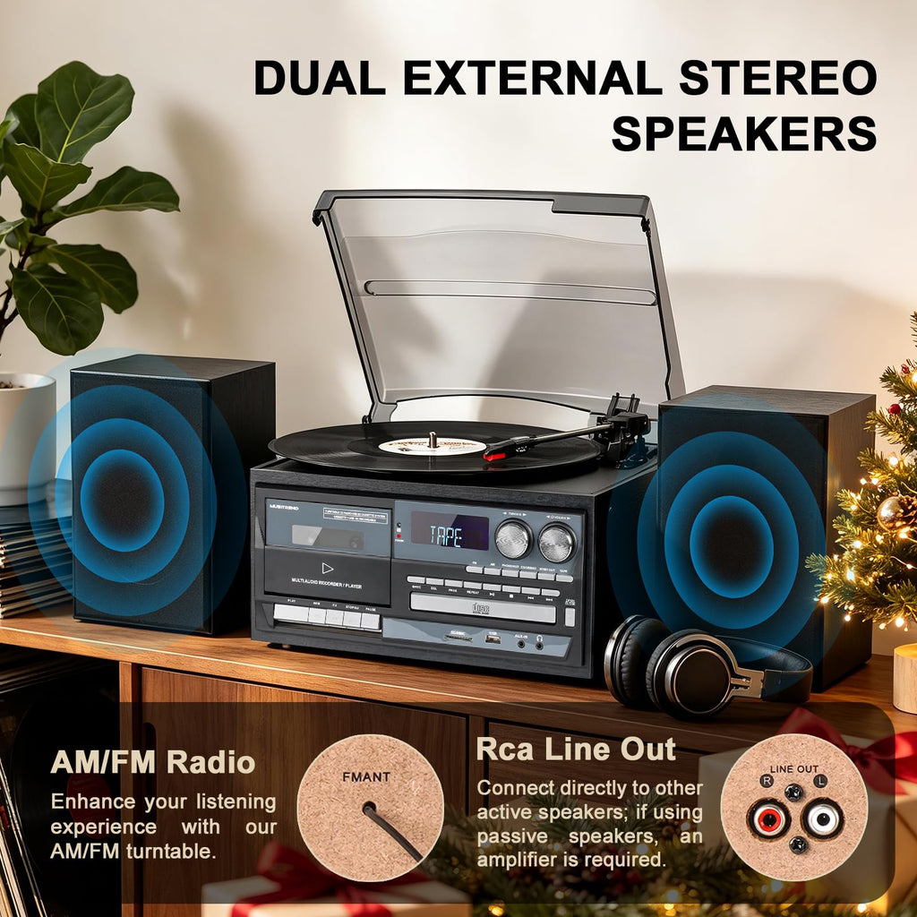 Record Player 10-in-1 Classic Black Music Console with External Stereo Speakers, Bluetooth Receiver/Transmitter