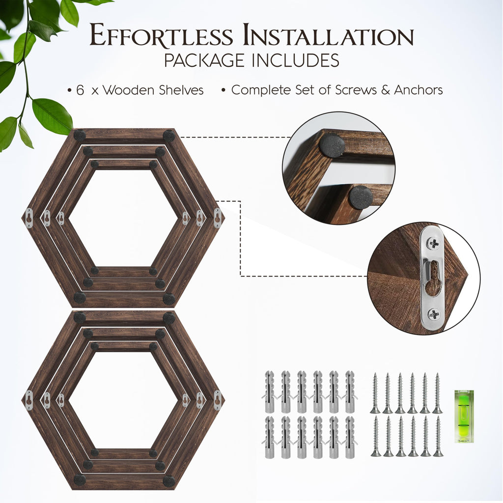 Hexagon Floating Shelves Set of 6 Honeycomb Shelves for Wall, Wooden Hexagon Shelves for Farmhouse Storage.