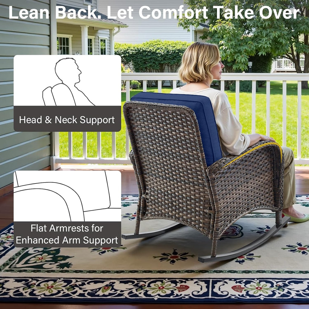 Patio Rocking Chair Wicker Chair, 1 Piece Outdoor Rocking Chair Seating with Cushions for Porch Deck Balcony