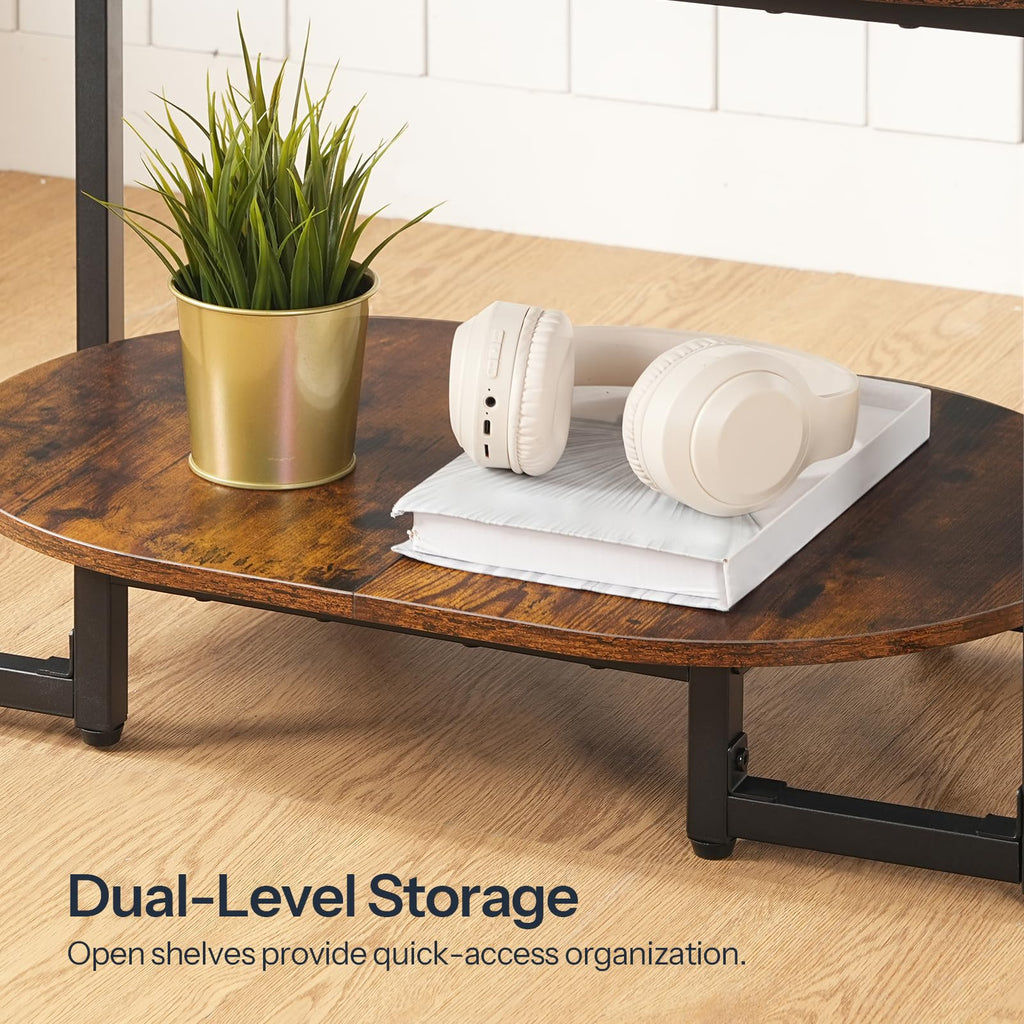 Coffee Table, Oval Small Coffee Table with 2-Tier Open Storage Shelf, Industrial Cocktail Tea Table, Wooden Desktop