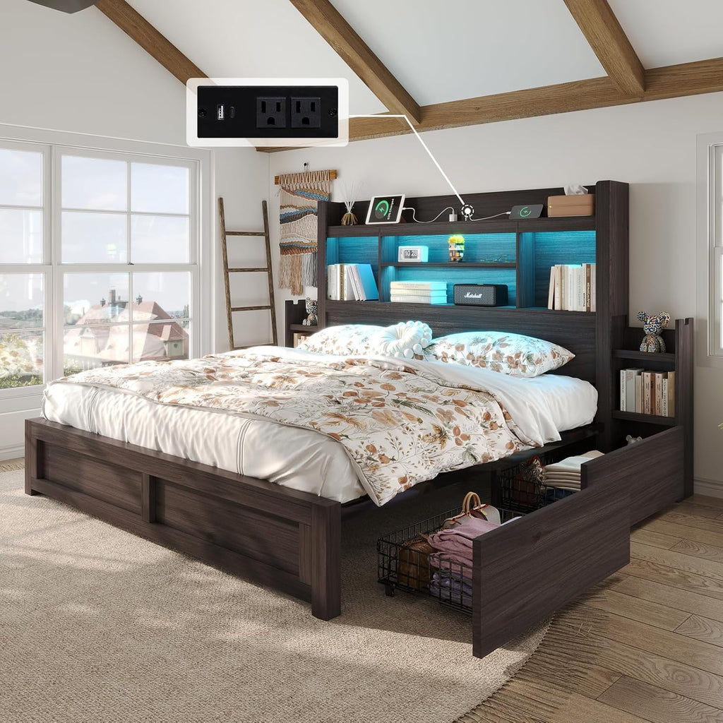 Bed Frame with Bookcase Headboard & Storage, Rustic, Black