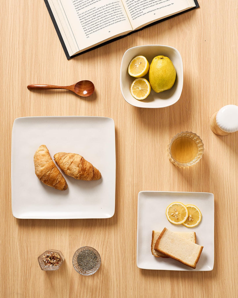 Square Ceramic Dinnerware Set for 6, Plates and Bowls, Matte White