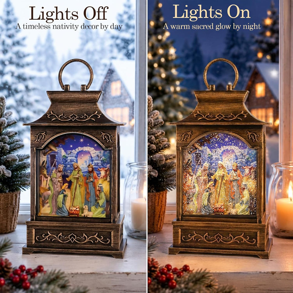 Christmas Nativity Snow Globe Lantern Musical Swirling Glitter Light