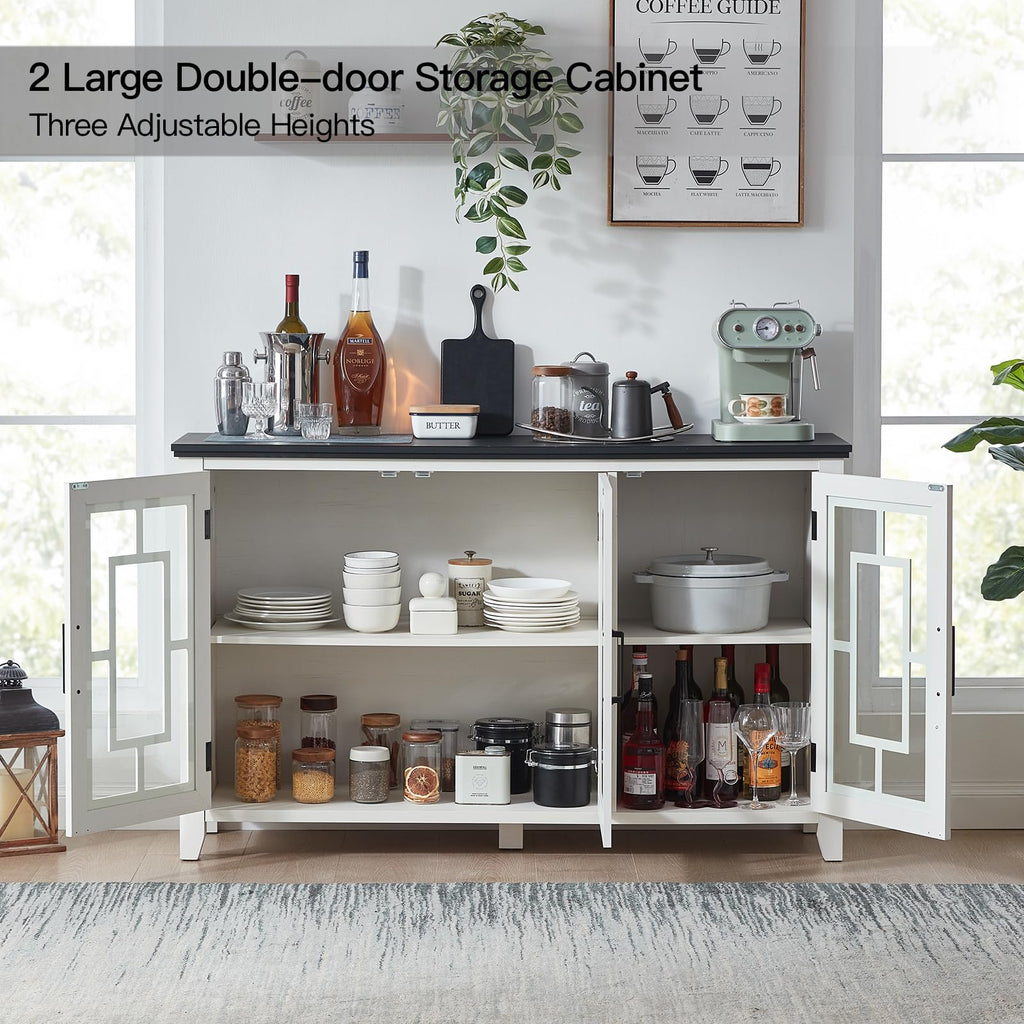 Large Sideboard Buffet Cabinet with Storage, 55" Farmhouse Credenza with 3 Glass Doors, Adjustable Shelves Console