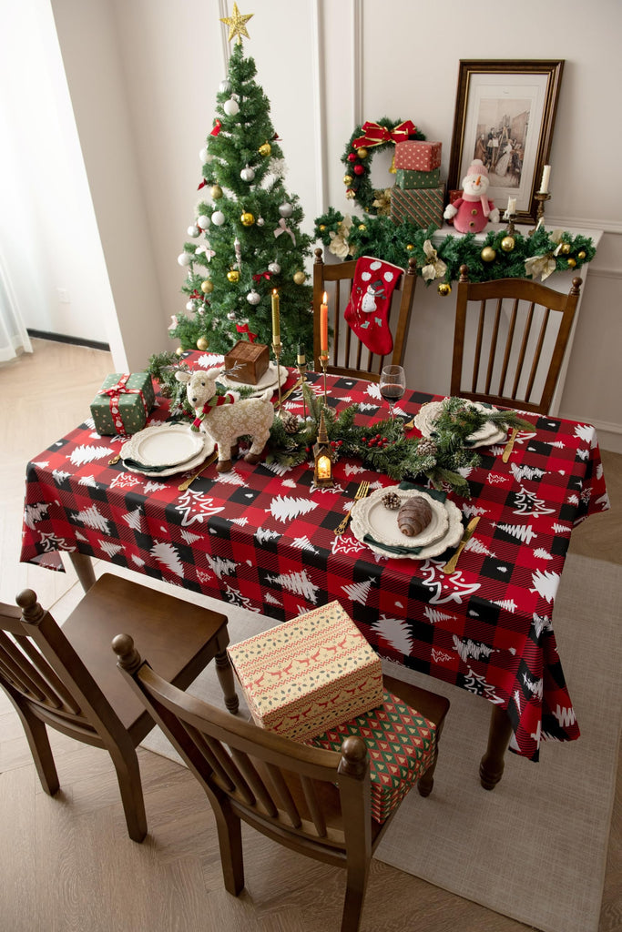 Waterproof Checkered Tablecloth Fabric - Rectangle 58x84 Inch Christmas Tree Table Cloth for Indoor/Outdoor Use