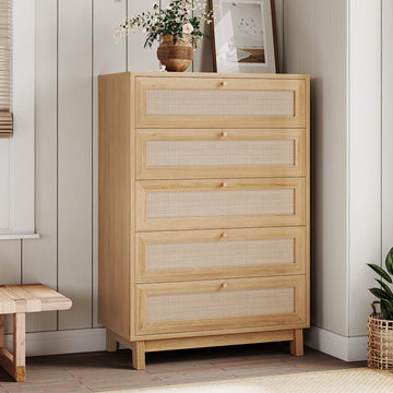 Rattan Dresser, 5 Drawer Dresser with Natural Rattan Drawers, Wooden Tall Cabinet with Gold Handles, Modern Closet