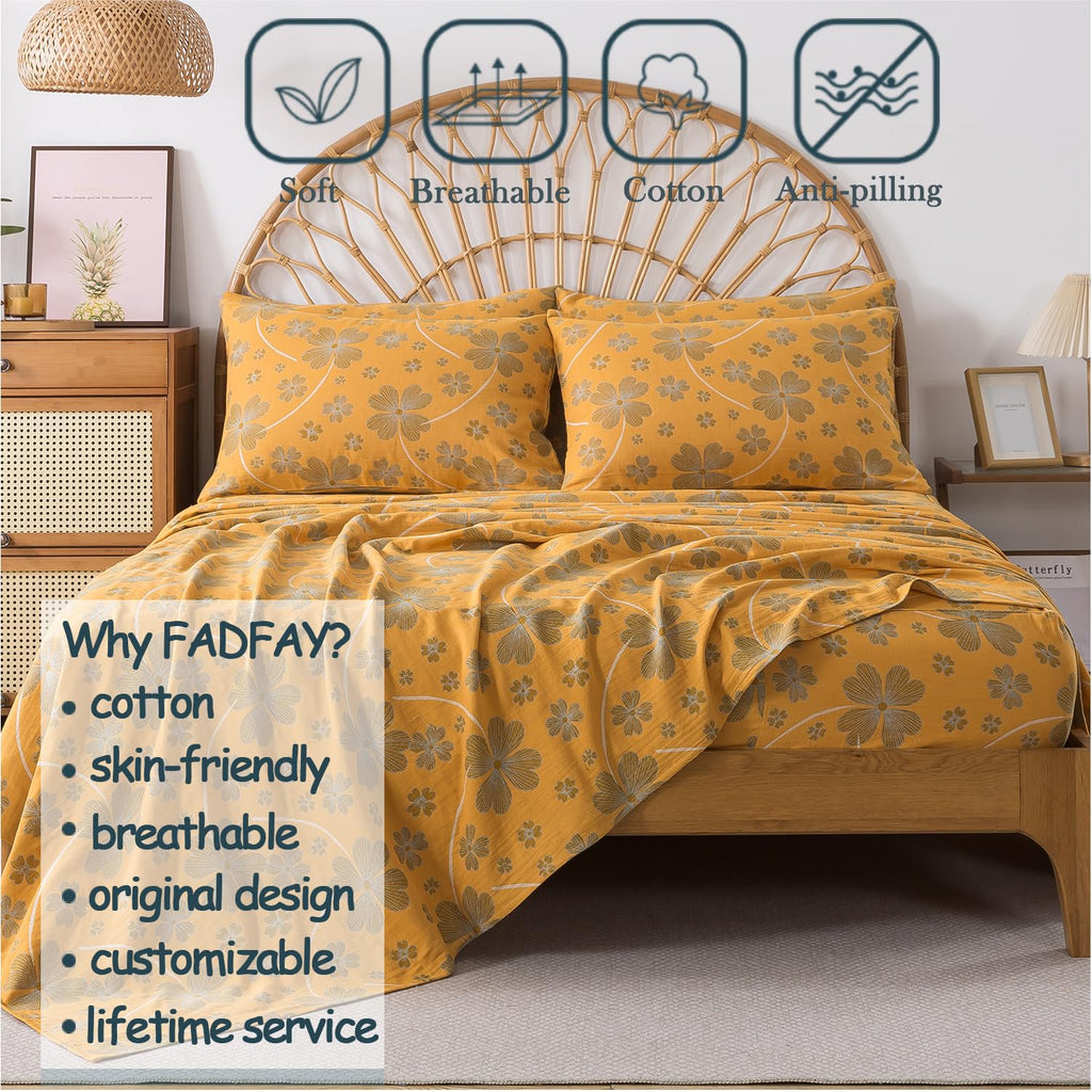 Sheet Set, 100% Cotton Double Gauze, 4-Piece Soft Floral Bed Sheets in Orange & Blue Gray, Deep Pocket Fitted
