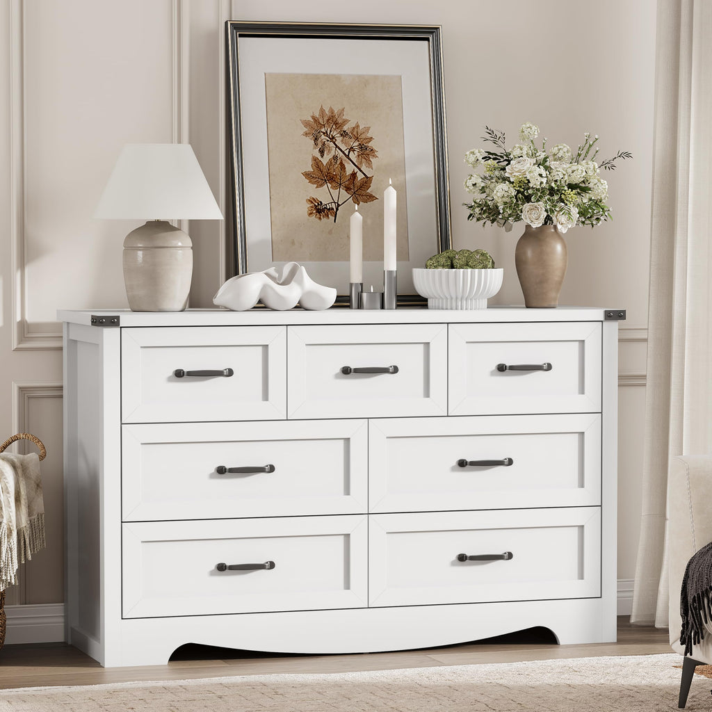 Dresser with 7 Drawers, 48" Wide Modern Chest of Drawers with Deep Drawers & Mental Handle, Wood Dresser TV Stand