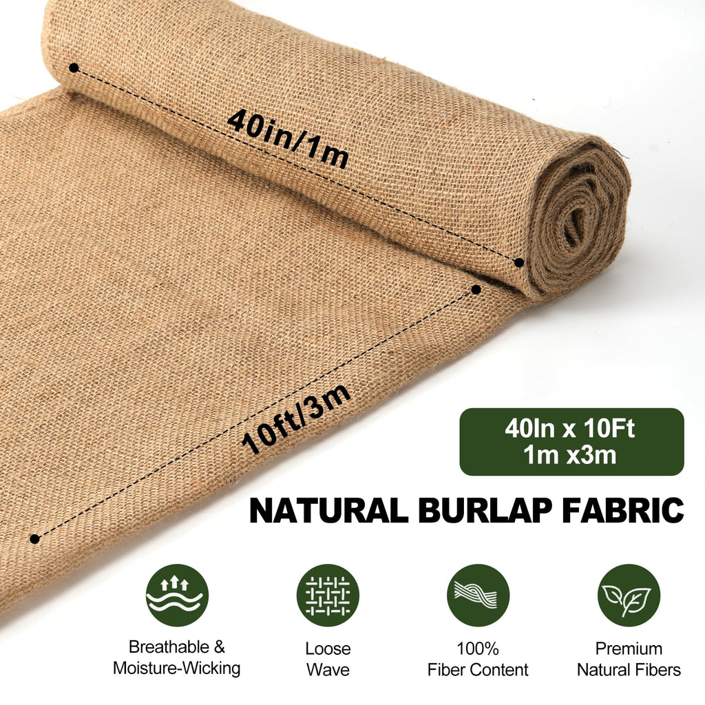 40" x10FT Natural Burlap Fabric, Loose Weave Hessian Cloth for Garden