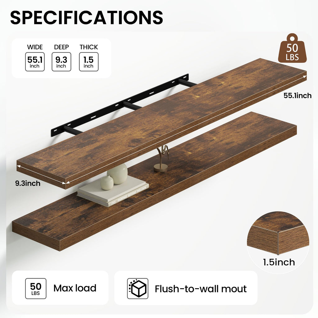 Floating Shelves 55.1" W x 9.3" D Rustic Brown Set of 2