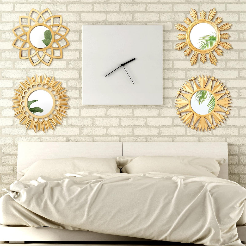 4 Pack Round Mirrors for Wall Sunburst Floral Home Decor, Gold