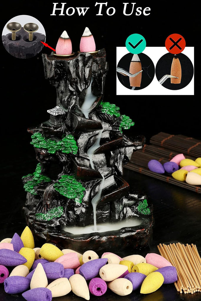 Mountain Incense Burner, Backflow Incense Holder with Cones and Sticks - Set of 5