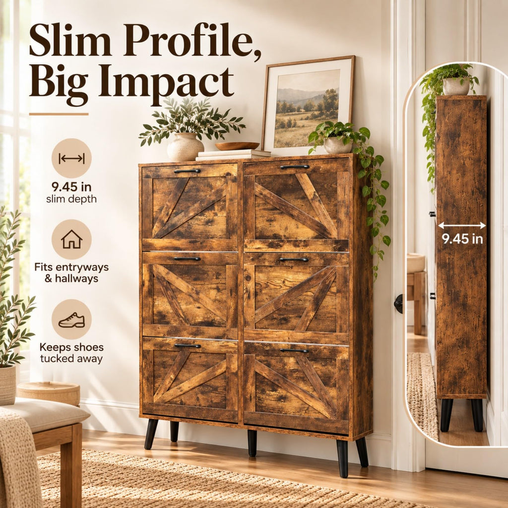 6 Flip Drawer Shoe Cabinet, Barn Door Entryway Storage, Rustic Brown