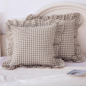 Taupe Plaid Gingham Ruffle Decorative Throw Pillow Covers 18"x18"