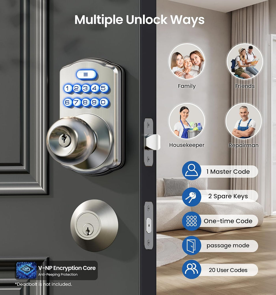 Keypad Door Knob, Keyless Entry Lock with Handle, Satin Nickel