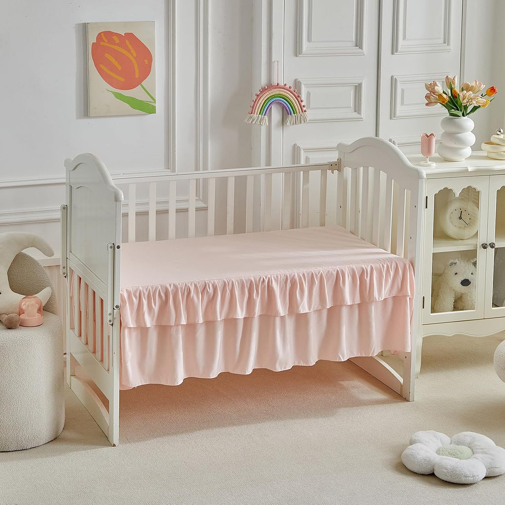 Lace Ruffle Crib Bedding Set 3 Pieces Baby Boho Lace Quilted Comforter with Fitted Sheet and Bed Skirt - Cute Ruffled
