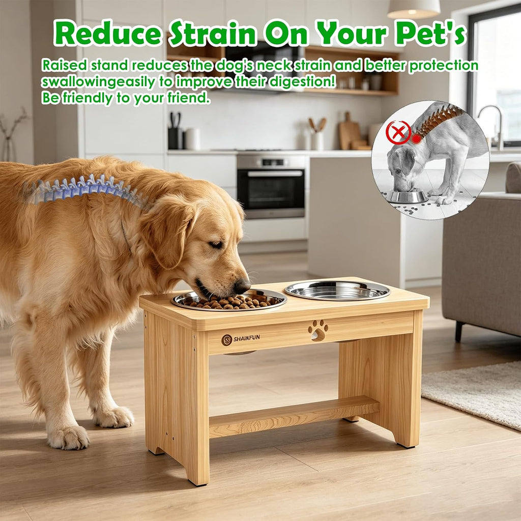 Elevated Dog Bowls with Slow Feeder & Mat for Medium and Large Dogs, 10" Tall Wooden Raised Dog Bowl Stand, 2