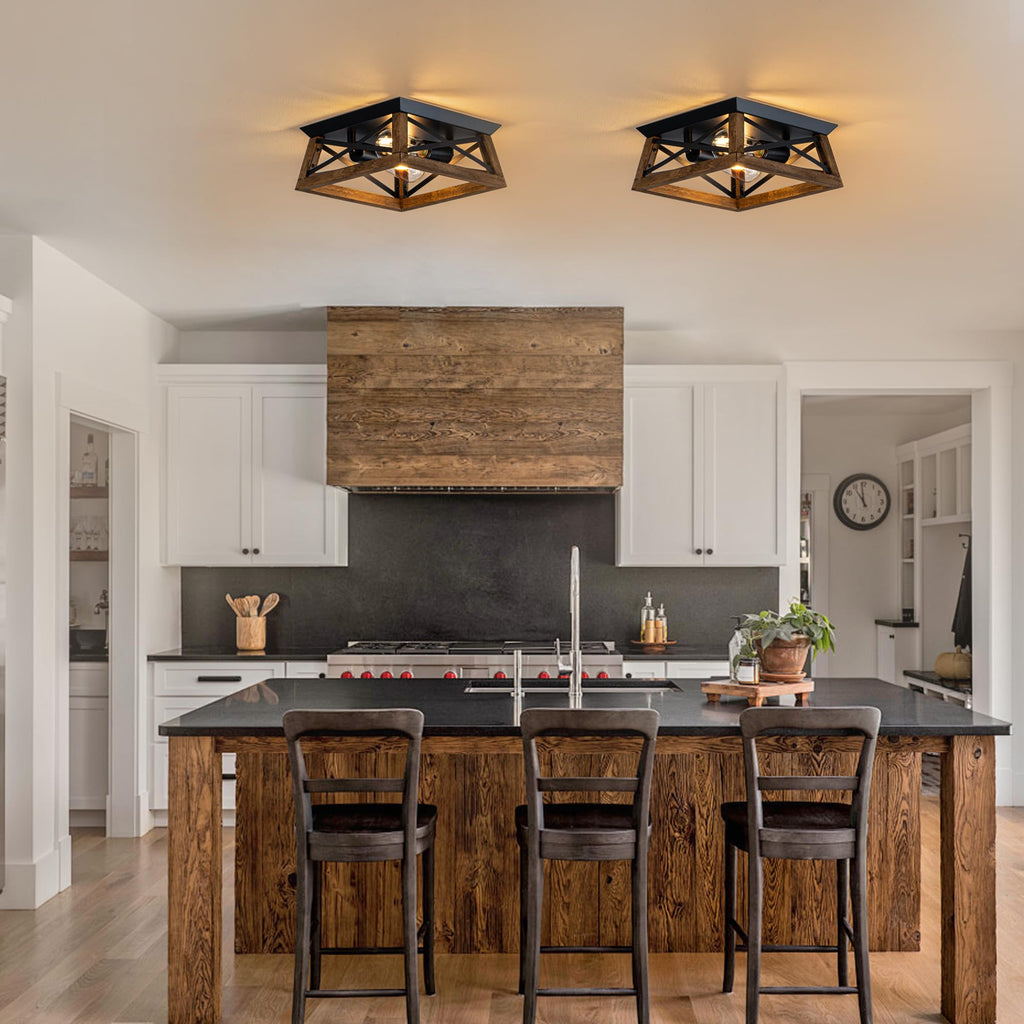 2-Light Farmhouse Light Fixture, Rustic Ceiling Light with Wood and Metal Design, Wood Ceiling Light, Cabinet
