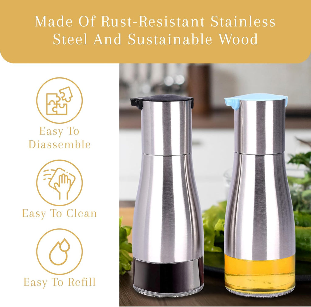 2LB Depot Oil and Vinegar Dispenser Set - Brushed Steel & Glass Containers with Anti-Drip Spout Lid - Easy-Clean - Set of 2