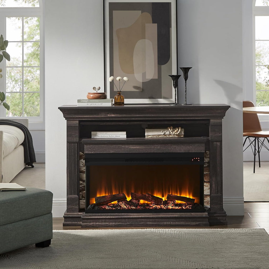 52 Inch Electric Fireplace with Mantel, Fireplace TV Stand with 36 Inch 3-Sided Glass Electric Fireplace Heater, Dark Rustic Oak