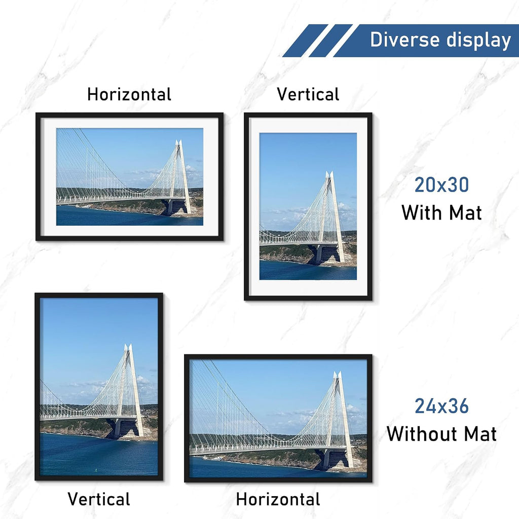 24x36 Poster Frame Set of 4, for Wall Mounting, Black | Display Picture 20x30 with Mat or 24 x 36 without Mat, Photo