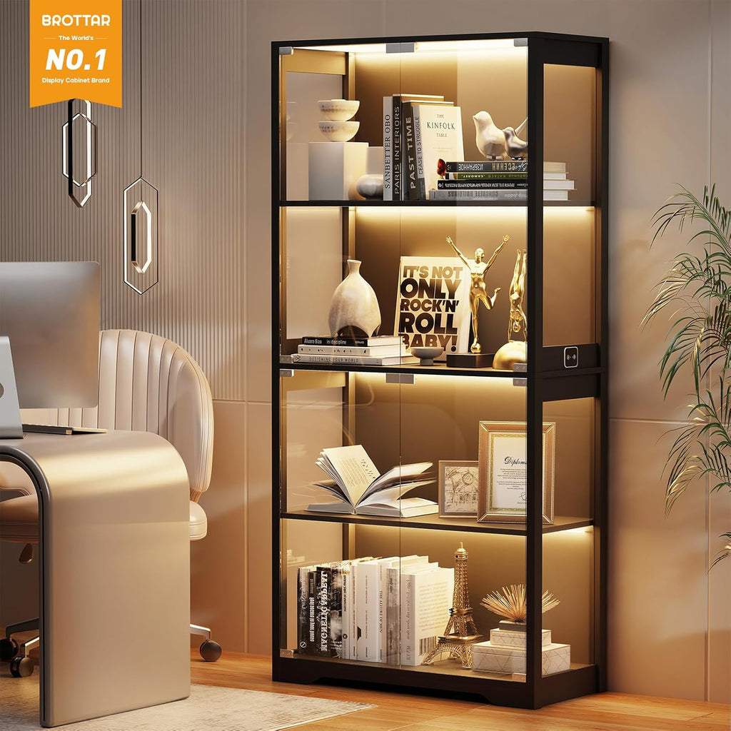 Display Cabinet with Glass Doors, 4-Tier Display Case, Black | Curio Cabinet with 3 Color Lights for Collectibles