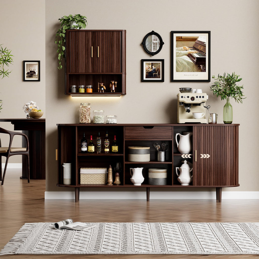 71" Sideboard Buffet Cabinet with Storage, Large Credenza with Sliding Doors and 1 Drawer, Mid Century Modern Coffee