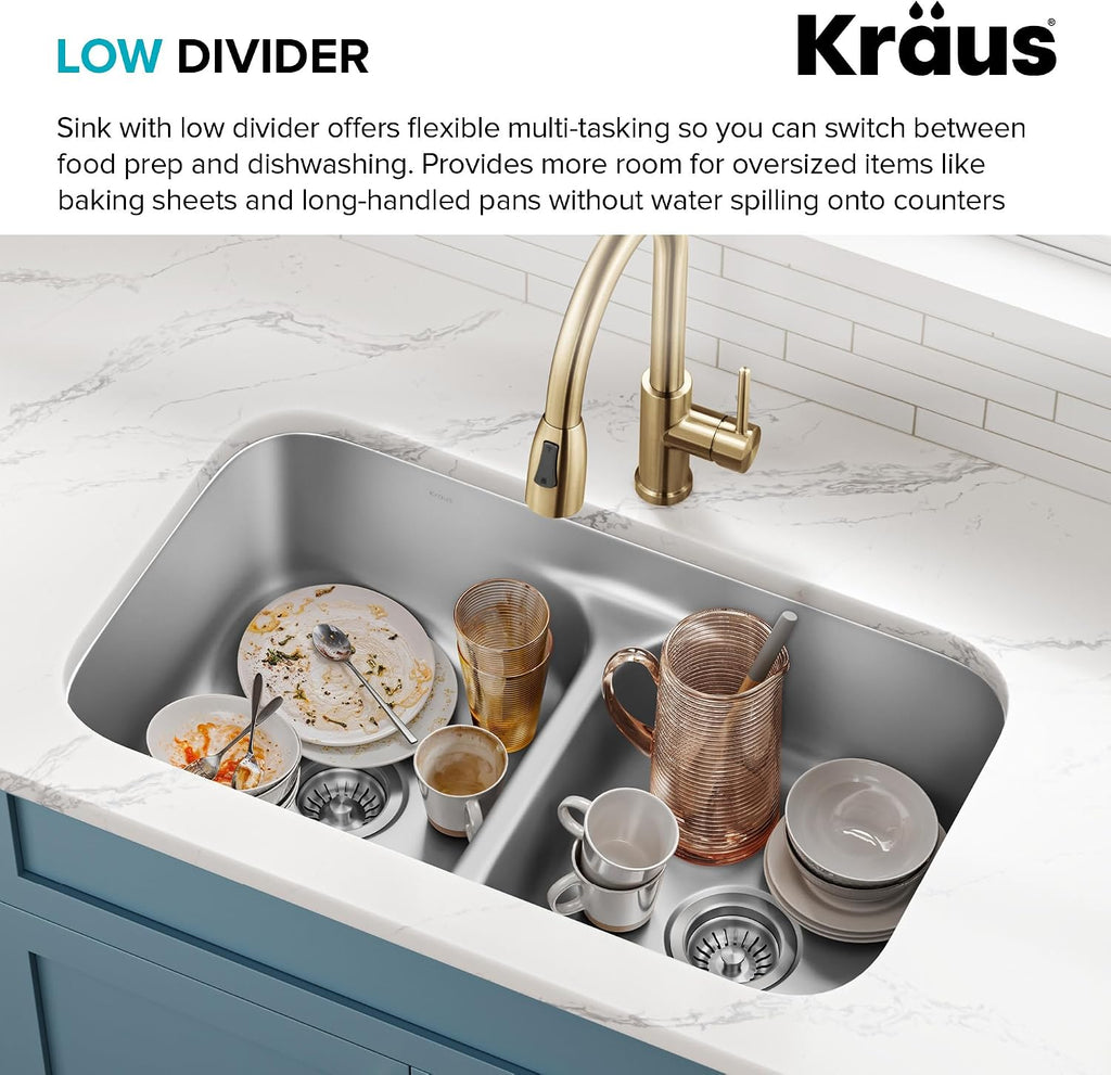 Premier 32-inch Undermount 50/50 Double Bowl Low Divider 18-Gauge Stainless Steel Kitchen Sink with Strainers (x2)