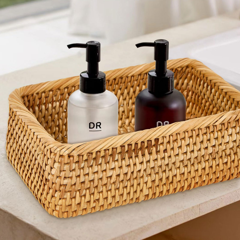 Natural Rectangular Rattan Storage Baskets (Set of 3), Hand Woven Food and Fruit Serving Baskets, Wicker Organizer