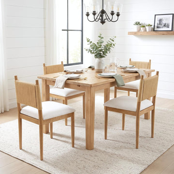Modern Coastal Woven Dining Chairs Set of 4, Natural Oak Wood