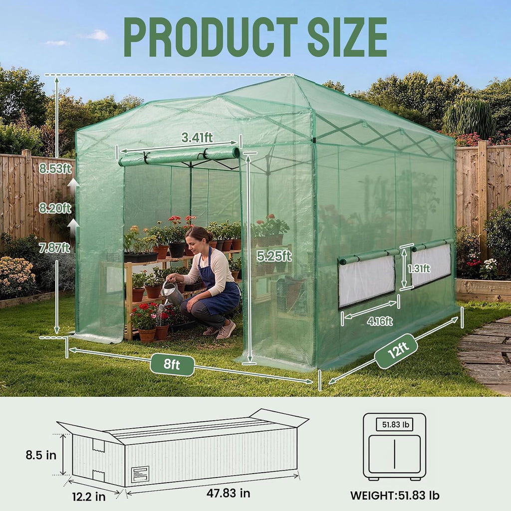 12X8 Pop Up Outdoor Walk-in Portable Greenhouse,Green | Patented CenterLock One Push Instant Greenhouses, Heavy Duty