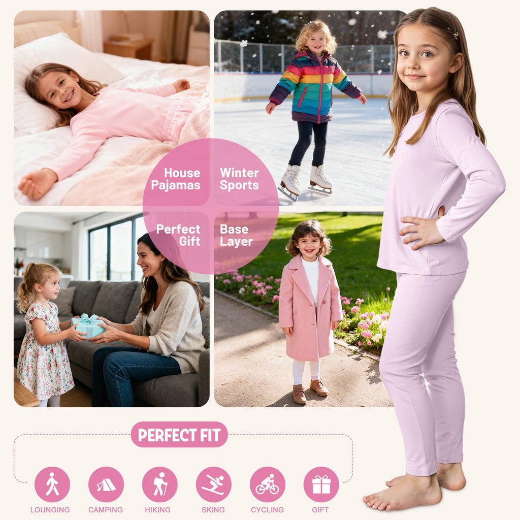 Girls Thermal Underwear Set Toddler Long Johns Kids Winter Base Layer Top & Bottom Lavender