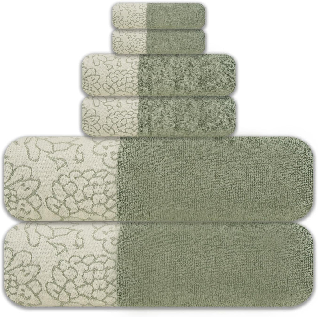 6-Piece Jacquard Bath Towel Set - 100% Cotton 600 GSM Luxury Towels - Soft, Absorbent & Quick Dry - Bath Towels, Hand