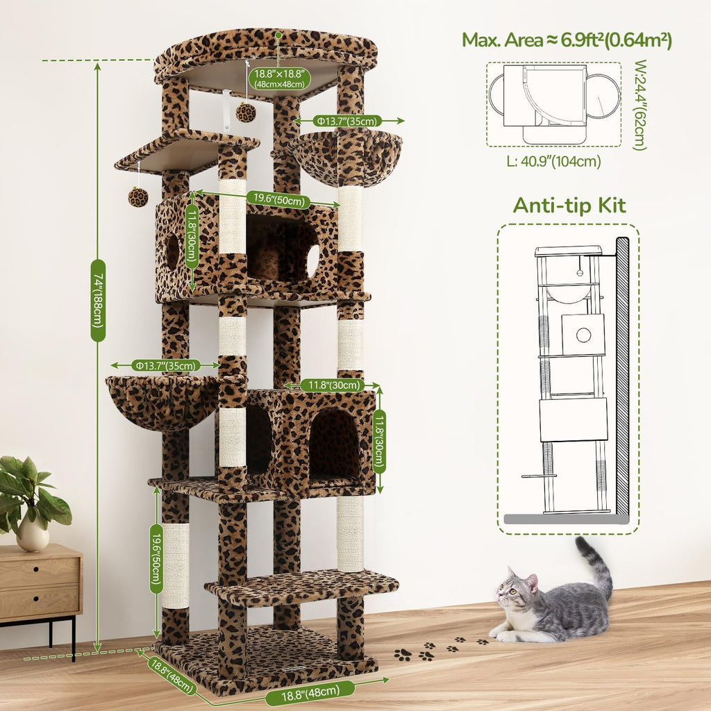 74in Leopard Heavy Duty Cat Tree Tower for Indoor Large Cat