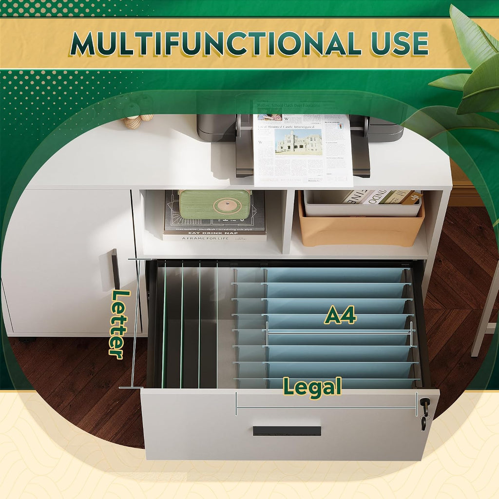 Office File Cabinet with Lock, 1-Drawer Wood Lateral Filing Cabinet on Wheels, Printer Stand with Open Storage
