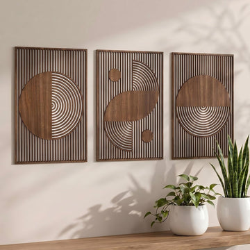 Mid Century Modern Wood Wall Art Decorations 3D Geometric Abstract Wall Sculpture Bedroom Office Minimalist - Set of 3