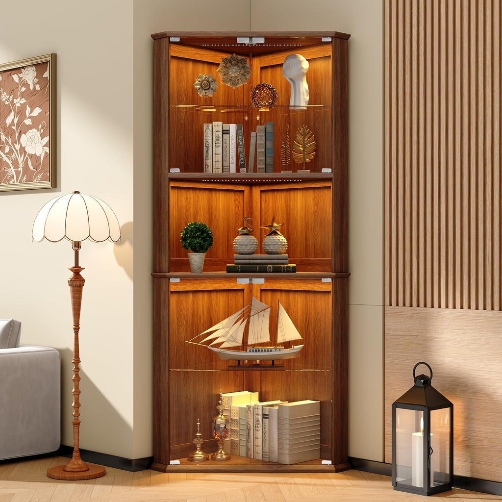72" Corner Curio Cabinet with RGB LED Lights, 6-Tier Glass Display Cabinet with Adjustable Shelves, Lighted Corner