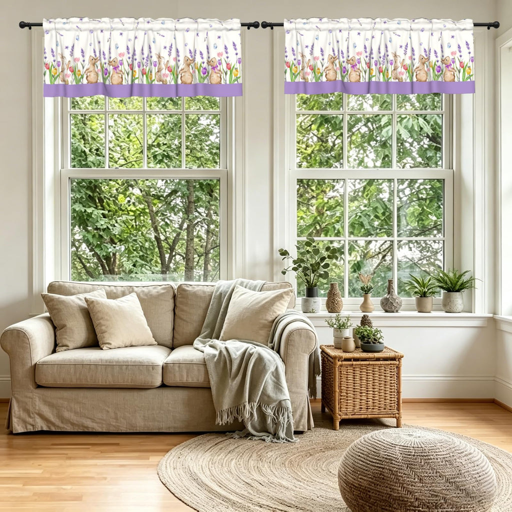 Easter Rabbit Curtain Valance Lavender Floral Short Kitchen Valances 2 Panel Rod Pocket Blackout Drapes Dining Room
