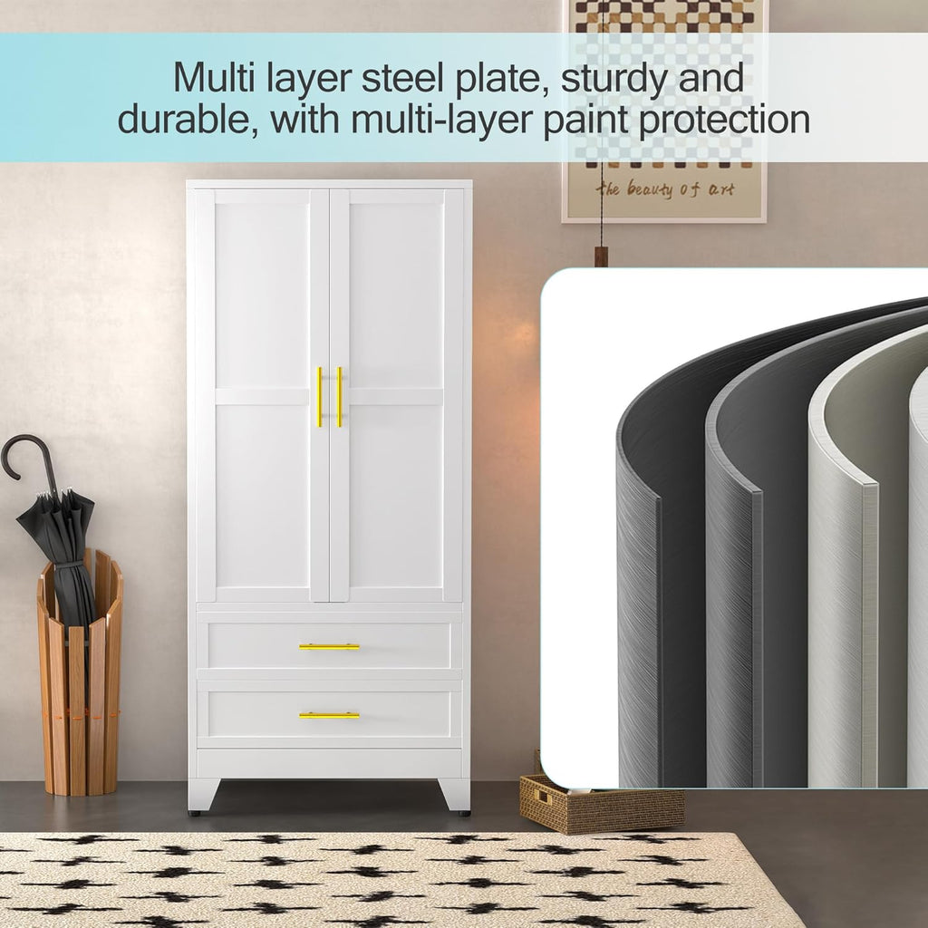 Metal Armoire Wardrobe Closet, 71 "Metal Clothing Storage Cabinet | with Adjustable Shelves and Hanging Rod