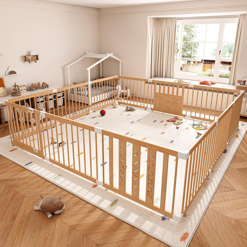 Wooden Baby Playpen, 64"x64" Extra Large Play Yard for Toddlers
