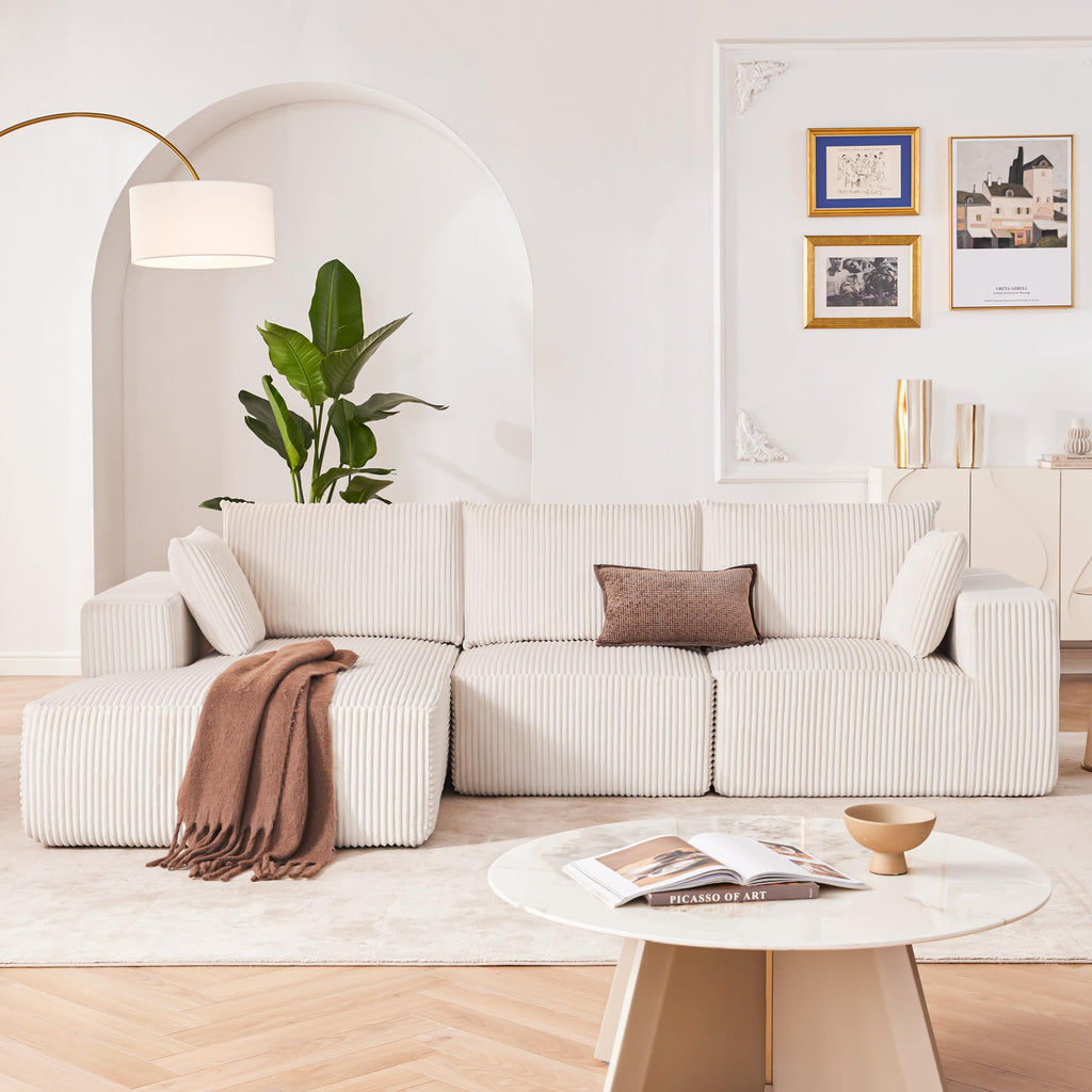 108" Boneless Couch with Chaise, Cloud Sectional Modular Sofa, Beige