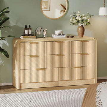55" W Fluted 8-Drawer Dresser, Natural Oak
